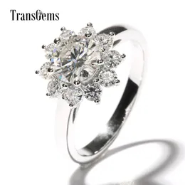 TransGems 2 CTW Carat Lab Grown Moissanite Diamond Flower Shaped Wedding Engagement Ring Halo Solid 14k White Gold for Women Y200620