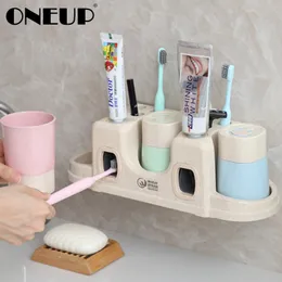 Acessórios de banheiro de plástico Oneup Automatic Squeezing Dentífrico Dispensador de Alta Qualidade Montagem de Montagem Toothbrush com caneca LJ201128