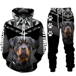 Rottweileer собака 3d печатные спортивные штаны капюшонов мужской осень зима повседневные SVEehirts Men Coussusit набор мода мужская одежда костюм 211220