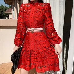 Vintage Hollow Out Lace Floral Embroidery Dress Spring Autumn Women Stand Collar Lantern Sleeve High Waist Sashes Short Dresses 220209