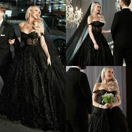 New Designer Sexy Sparkly Black Gothic Plus Size A Line Wedding Dresses Off Shoulder Sequined Wedding Dress Bridal Gowns Robe De Marriage