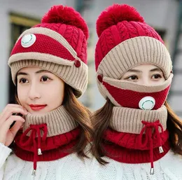 Knitted Hats Masks Scarf Set 3pcs/Set Winter Outdoor Pompom Beanies With Valve Masks Scarves Caps Sets Ski Warm Hat Party Supplies ZY21