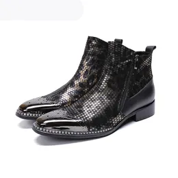 POP Men Boots Super Star Men Leather Ankle Boots Men Black Pointed Metal Tip Party and Wedding botas hombre, Big US6-12