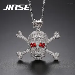 JINSE Full Rhinestone Punk Red CZ Stone Skeleton Skull Pendants Necklaces for Men Gold Color Hip Hop Jewelry Gift Rope Chain1