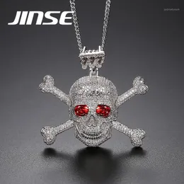 JINSE Pieno Strass Punk Rosso CZ Pietra Scheletro Teschio Pendenti Collane per Uomo Colore Oro Gioielli Hip Hop Regalo Corda Catena1