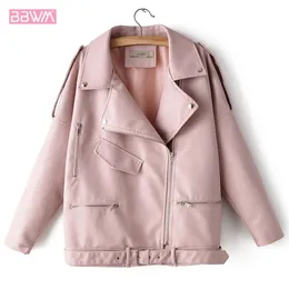 PU manica lunga risvolto cintura allentata cerniera locomotiva giacca antivento donna invernale coreano chic rosa cappotto femminile nero beige LJ200813