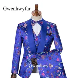 Gwenhwyfar unik havsstjärna blommönster män passar kunglig blå lapel brudgum promenad fest 3 stycke kostym äktenskap homme manlig tuxedo 201106