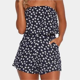 2020 Sommer ärmellose rückenfreie böhmische Strand Strampler Frauen Casual Floral bedruckte kurze Overall Sexy Low Cut Mini Bodysuit T200704