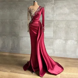 Dark Red Beaded Mermaid Prom Dresses Jewel Neck Long Sleeves Sequined Evening Gowns Sweep Train Satin Formal Dress