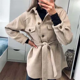 Puwd Vintage Woman Loose Sashes Woolen Coats Chic Kvinna Höst Soft Turndown Collar Outwear Ladies Eleganta Fickor Jackor 211223