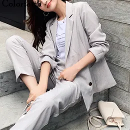 Colorfaith 2020 New Spring Woman Sets 2 Piece Outfits Matching Byxor Casual Dubbelbröst Kostym Elastisk Midja Suit WS1265 T200702