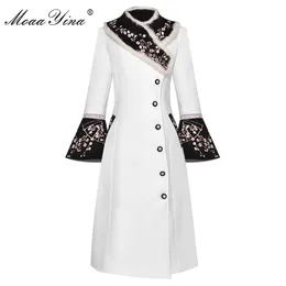 Moaayina Designer de moda casaco de lã mulheres mulheres coelho coleira de pele de manga comprida Bordado elegante Manter overcoat quente 201027