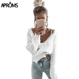 Aproms Quaste Deep V Gestrickte Pullover Weibliche Herbst Winter Weiß Langarm Stricken Häkeln Pullover Frauen Cropped Jumper Pull Top 201221