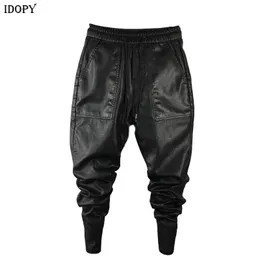 Idopy Men`s Winter Warm Faux Leather Harem Pants Elastic Waist Drawstring PU Joggings Trousers For Male F1210