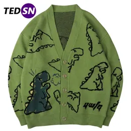TEDSN Oversize Cardigan Dinosaur Men Knitted Sweater Streetwear Loose Male Women Top Coat Doodle Hip Hop Pattern Winter 211221