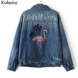 Women's Jackets Wholesale- Animal Letter Embroidery Denim For Women 2021 Vintage With Pockets Coats Female Long Sleeve Abrigos Plus Size Cha
