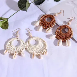 Bohemian Handgjorda Rund Vine Rattan Sticka Drop Örhängen för Kvinnor 2020 Fashion Boho Natural Shell Hängande örhänge Smycken Gåvor