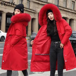 女性のダウンパーカーティジュイ冬のジャケット女性のコートの毛皮の襟の長いパーカームヤーレディースパウガのエレガントなカラコフェミニノのoutwear