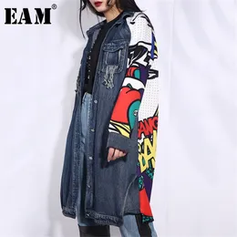 [EAM] 2020 Yeni Bahar Sonbahar Yaka Uzun Kollu Mavi Desen Baskılı Gevşek Denim Büyük Boy Ceket Kadın Ceket Moda Gelgit LJ200813