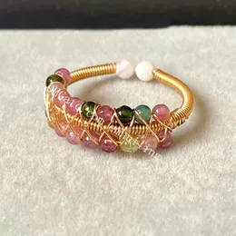 30Pcs Handmade Special Design Jewelry Wire Wrapped 2 Row 2.5mm Tiny Natural Rainbow Tourmaline Beads 14K Gold Plated Ladie's Adjustable Ring