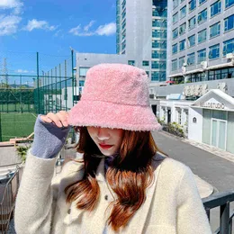 2022新しい韓国のソリッドフィッシャーマン帽子冬のフェイクの毛皮の白い黒いバケツ帽子のための女性男性パナマ釣りキャップボブパーヨーY220301