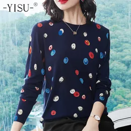 YISU Outono Mulheres O Pescoço Camisola Casual Botão Doces Impresso Malha Jumpers Harajuku Camisola Pull Femme Inverno Quente Suéter LJ201112