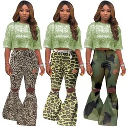 Calças de brim femininas plus size cintura alta magro leopardo mãe jeans denim sino inferior angustiado calças rasgadas jeans