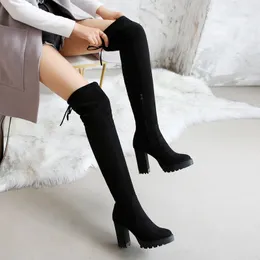 Autumn Winter Sexy Elastic Flock Slim Fit Over The Knee Boots Women Inside Zipper thigh High heel platform Thigh High botas