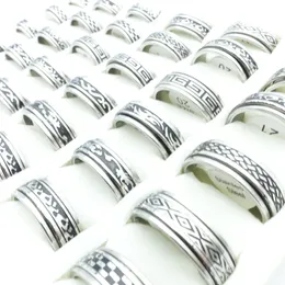 Wholesale 100pcs/Lot Fashion Stainless Steel Spin Band Rings Black Etched Mixed Patterns Jewelry Mens Womens Rotatable Party Ring Wholesale Lots