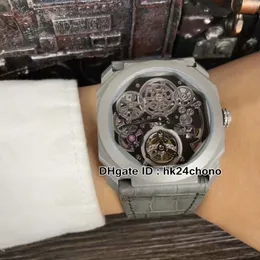 Yeni Titanyum Çelik Kılıf Octo Finissimo Tourbillon 102719 İskelet Dial Otomatik Erkek İzle Gri Deri Kayış Gent Spor Saatler