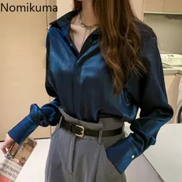 Nomikuma Übergroße Bluse Frauen Einreiher Langarm Einfarbig Casual OL Satin Shirts Plus Größe Tops Blusas Mujer 3A326 201202