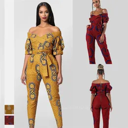 Afrikanska klänningar för kvinnor 2020 nya damer dashiki print axel av ankara stil byxor mode robe Africaine jumpsuit party LJ200826