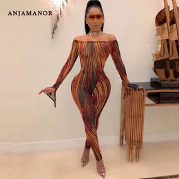 ANJAMANOR Striped Sheer Mesh Sexy 2 Piece Sets Womens Outfits Fall Winter Night Club Set Bodysuit Top and Pants D35-AC17 Y200110