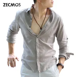 ZECMOSコットンリネンシャツ男夏の白いシャツ社会的な紳士シャツ男性の超薄いカジュアルシャツイギリスのファッション服G0105