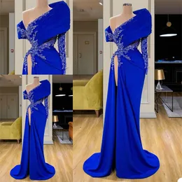 Luksusowe Niebieskie Suknie Wieczorowe Jedno Ramię Aplikowane Koronki Koronki Cekiny Prom Dresses Sweep Pociąg Side Split Mermaid Page Cormal Party Dress