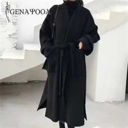 Genayooa зимняя элегантная шерстяная смесь женщин корейский стиль черные длинные пальто винтажные минималистские шерстяные пальто верблюда негабаритные 201218