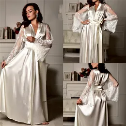 Chic Ivory Satin Silk Night Rates Kobiety Koronkowe Aplikacje Z Długim Rękawem Photoshoot Dress Oba ROBE Formalna Nakładka Event Sleepwear
