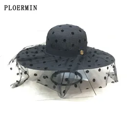 Ploermin New Dot Mesh Sun Hat Big Brim Ladies 여름 밀짚 모자 여성 교회 교회 우아한 Sun Hats Beach Cap Y200602