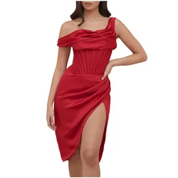 Ramię Party Kobiety Eleganckie Z Wysoką Dress Wedding Guest Slits Tube Midi Dresses Cocktail Club One O Neck Moda Dress