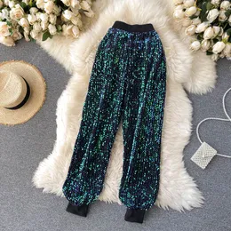 Spring Autumn New Design Women's Elastic midja Sequined Paillette Shinny Bling Harem Loose Long Pants Byxor