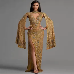 Gold Crystal Designer Sheath Evening Dress High Neck Sexy High-split Prom Dress Long Sleeves Sweep Train Custom Made Robe de soirée