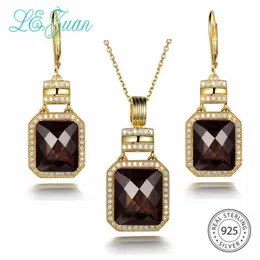 Bracelet, Earrings & Necklace L&zuan Natural Smoky Quartz Jewelry Set For Woman 925 Sterling Silver Pendant/Dangle White CZ Gold Fine