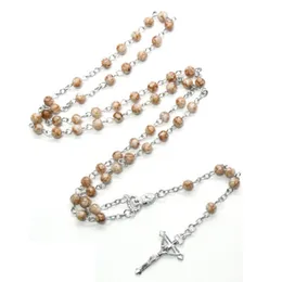 Hot sale Fashion retro style 6mm striped beads rosary cross necklace Virgin Mary religious jewelry Best friend gift