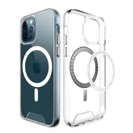 Casos claros magnéticos à prova de choque carregador sem fio TPU PC capa traseira transparente para iPhone 7 8 8Plus 11 Pro Max