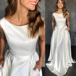 Einfache elegante Satin eine Linie Brautkleider mit Taschenscheibene O Hals bodenlange Brautkleider Braut Kleid billig maßgeschneidert