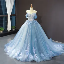 Blue Colored Wedding Dress Off the Shoulder Ball Gown Princess 3D Flowers Lace Corset Back Non White Bride Dress Romantic