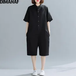 Dimanaf Plus 크기 Playsuits 바지 여성 의류 여름 큰 크기 코튼 바지 여성 사무실 레이디 느슨한 솔리드 블랙 점프 슈트 T200704