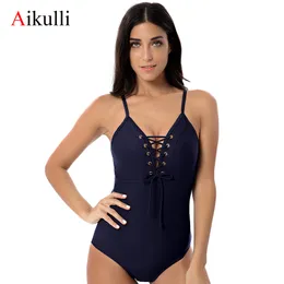 Aikulli One Piece Baddräkt Kvinnor Sexig Push Up Badkläder Bandage Baddräkt Justerbar Solid Monokini Kvinna Beach Swimming Suit T200708