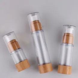 Refillable double wall Acrylic airless face cream pump bottle 15ml 30ml 50ml 100ml bamboo bottom, Empty skin care airless pump sunscreen lotion bottle freeship