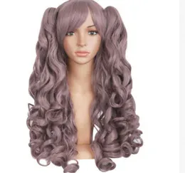 Peruca longa curly cinza violeta 70 cm com edredons, cosplay